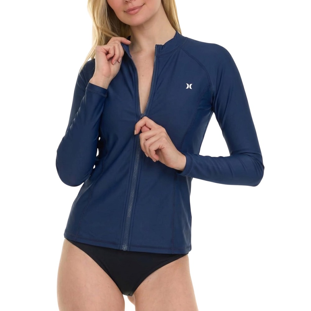 NWT Hurley Womens Full Zip Rash Guard Long Sleeve Navy Blue UPF50+ Swim Top Lg